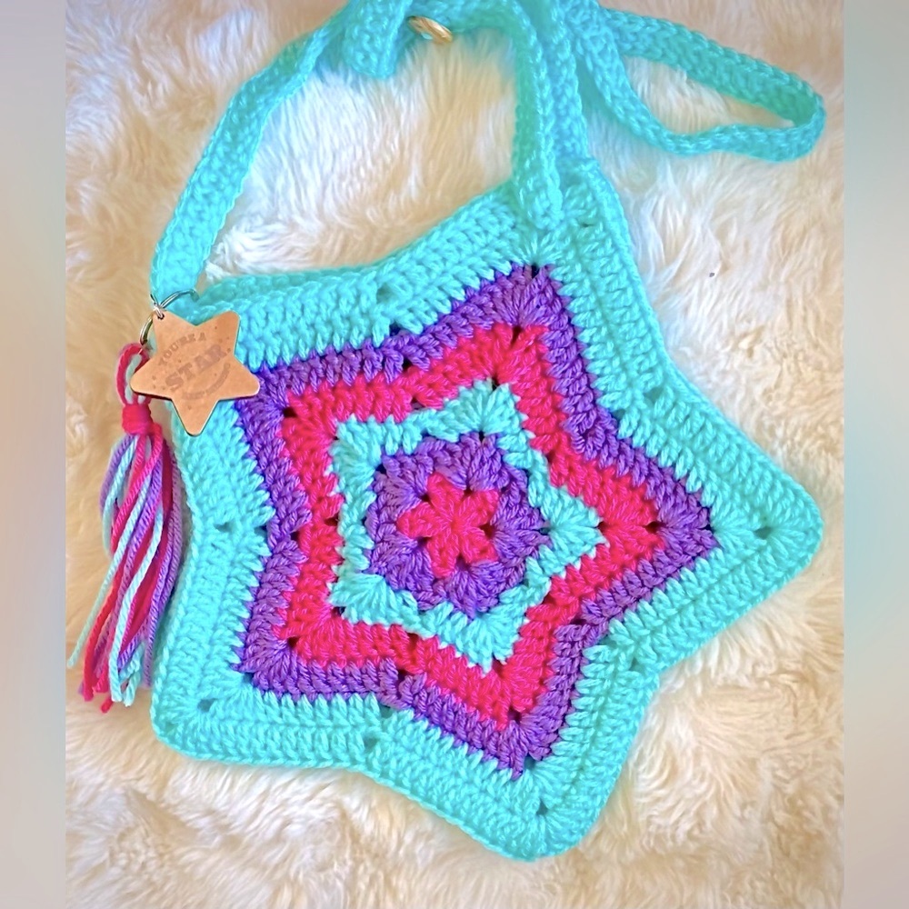 New, Hand made, crocheted Star tote/cross-body bag with Star and tassel keychain